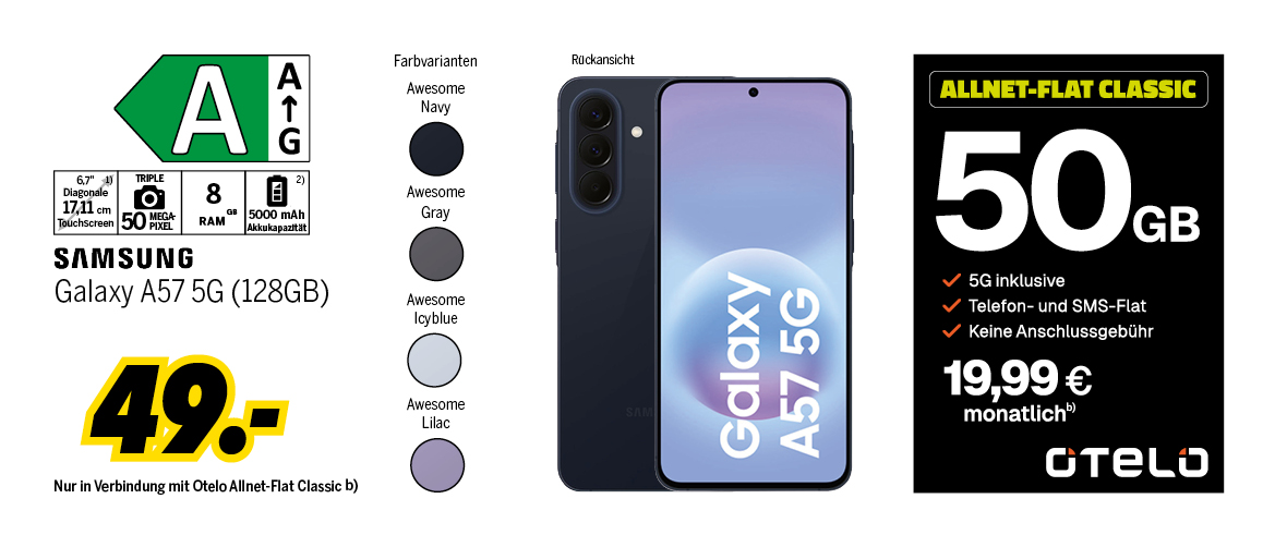 Samsung Galaxy A57 5G mit 128GB für einmalig 49€