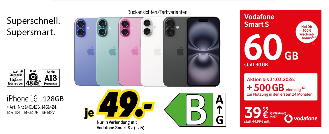 iPhone 16 mit 128GB im Vodafone Netz für einmalig 49€