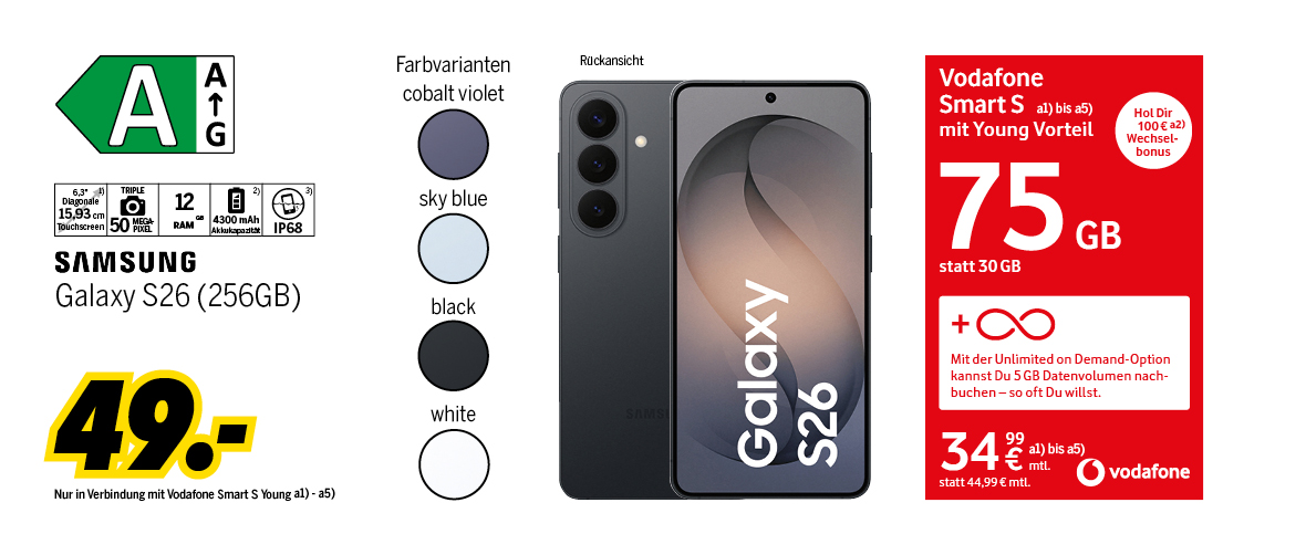 Samsung Galaxy S26 mit 256GB einmalig für 49€