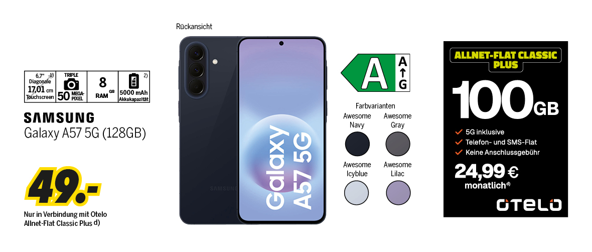 Samsung Galaxy A57 5G mit 18GB für einmalig 49€