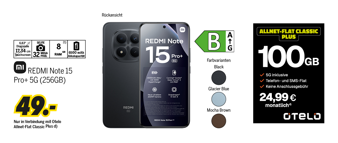REDMI Note 15 Pro+ 5G mit 256GB für einmalig 1€