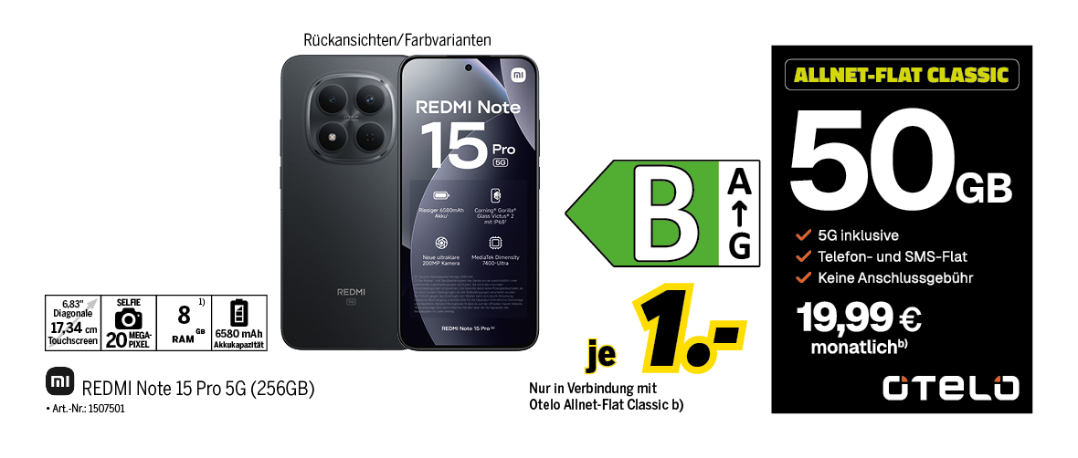 REDMI Note 15 Pro 5G mit 256GB für einmalig 1€