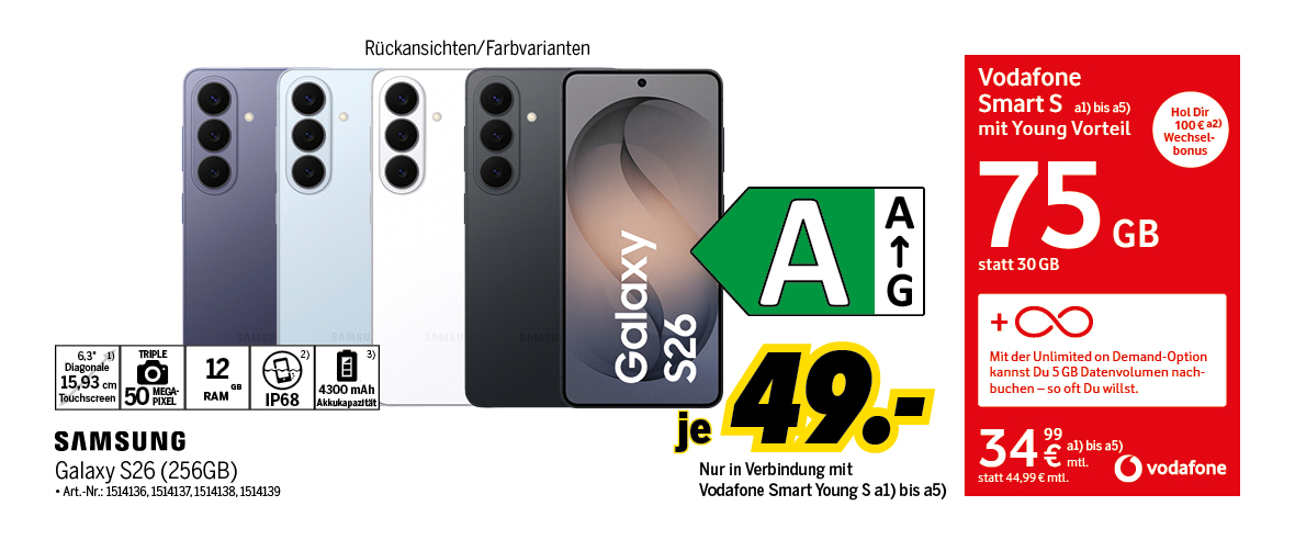 Samsung Galaxy S26 mit 256GB für einmalig 49€