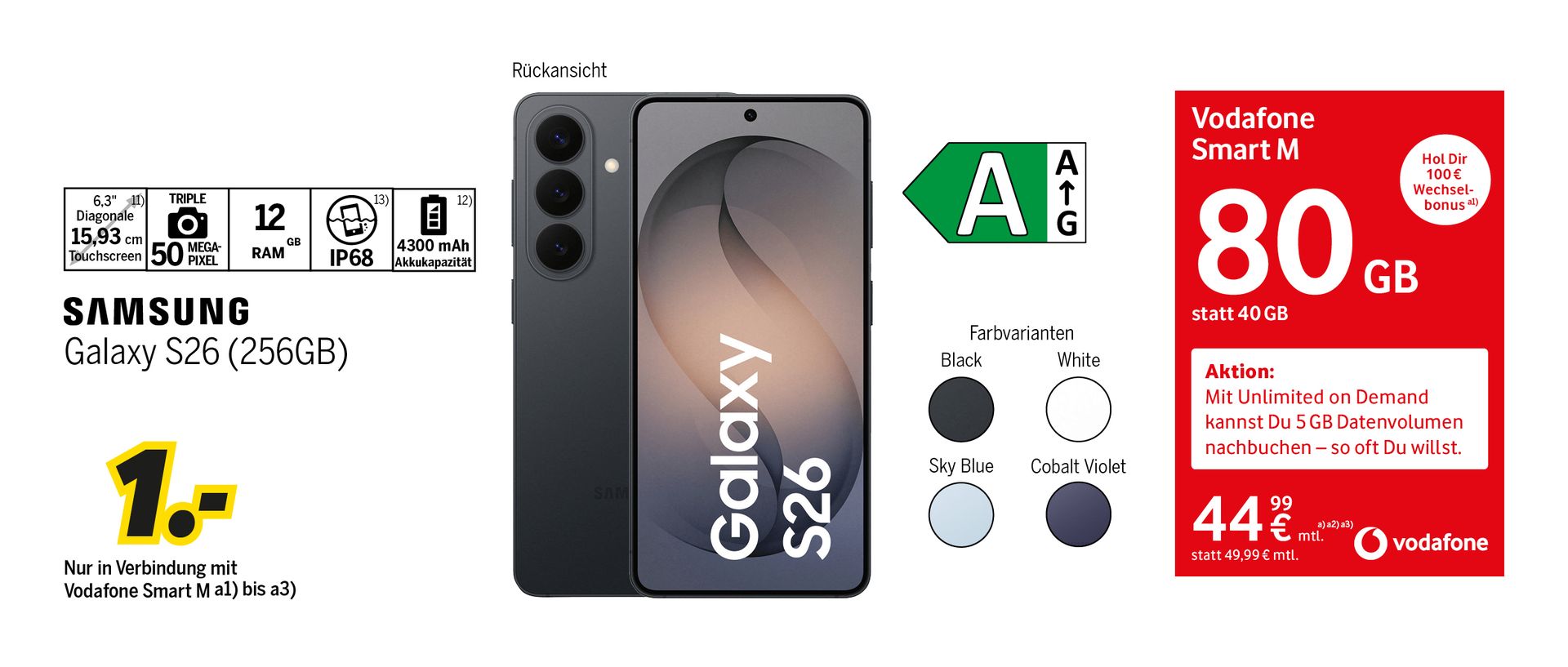 Samsung Galaxy S26 mit 256GB für einmalig 1€