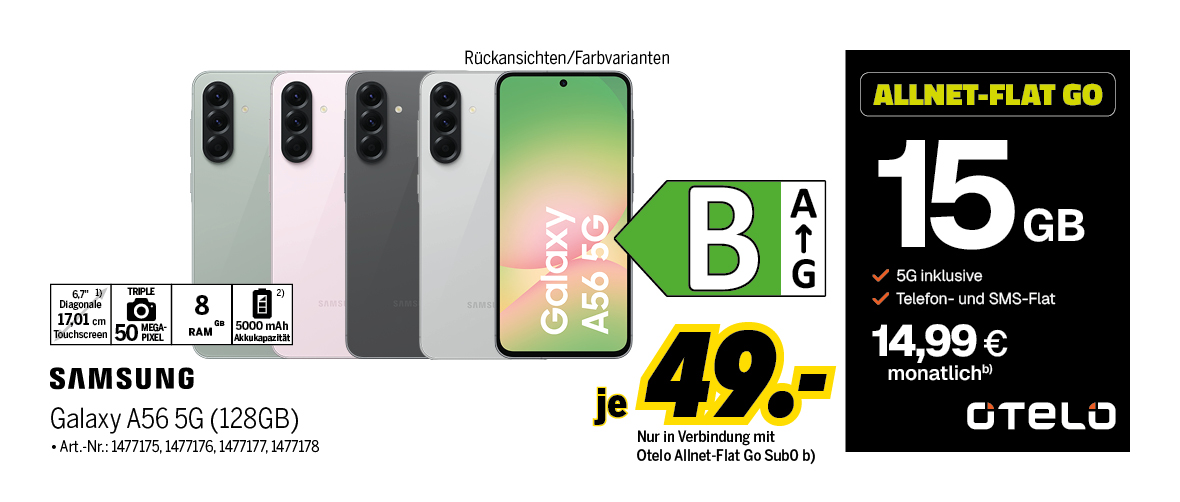 Samsung Galaxy A56 5G mit 128GB für einmalig 49€