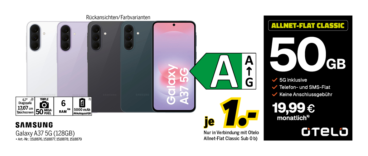 Samsung Galaxy A37 5G mit 128GB für einmalig 1€