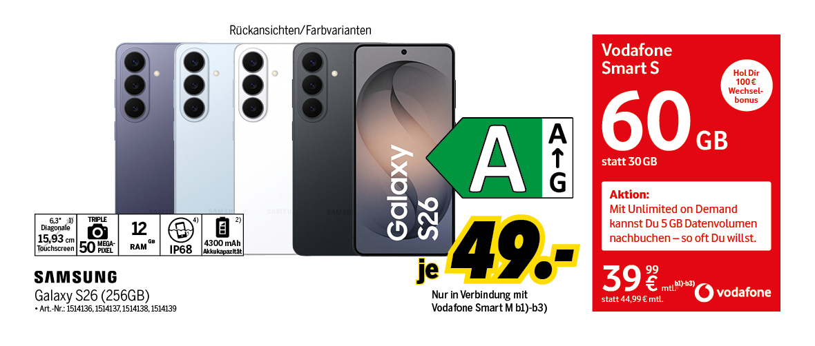 Samsung Galaxy S26 mit 256GB einmalig für 49€