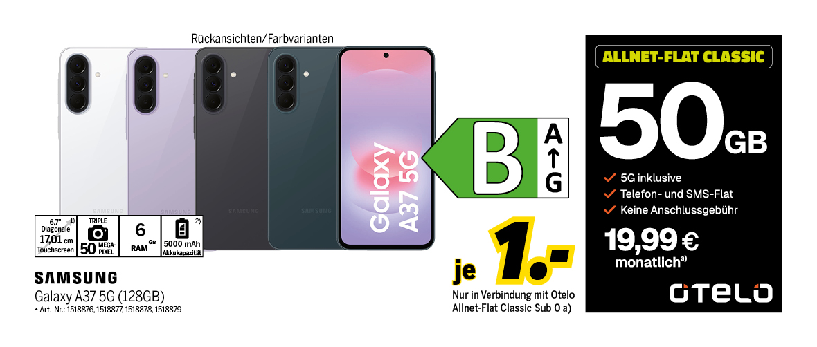 Samsung Galaxy A37 5G mit 128GB für einmalig 1€