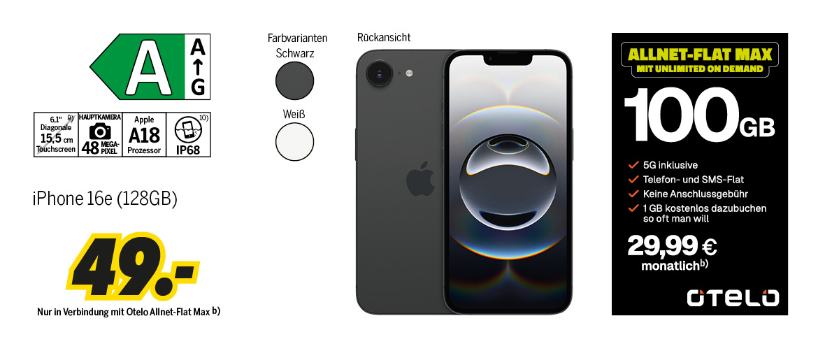 iPhone 16e mit 128GB für einmalig 49€