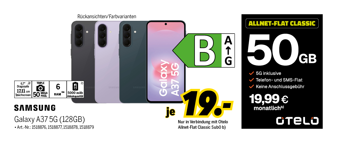 Samsung Galaxy A37 5G mit 128GB für einmalig 19€
