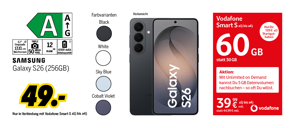 Samsung Galaxy S26 mit 256GB für einmalig 49€