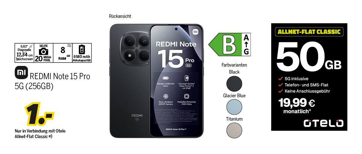 REDMI Note 15 Pro 5G mit 256GB für einmalig 1€