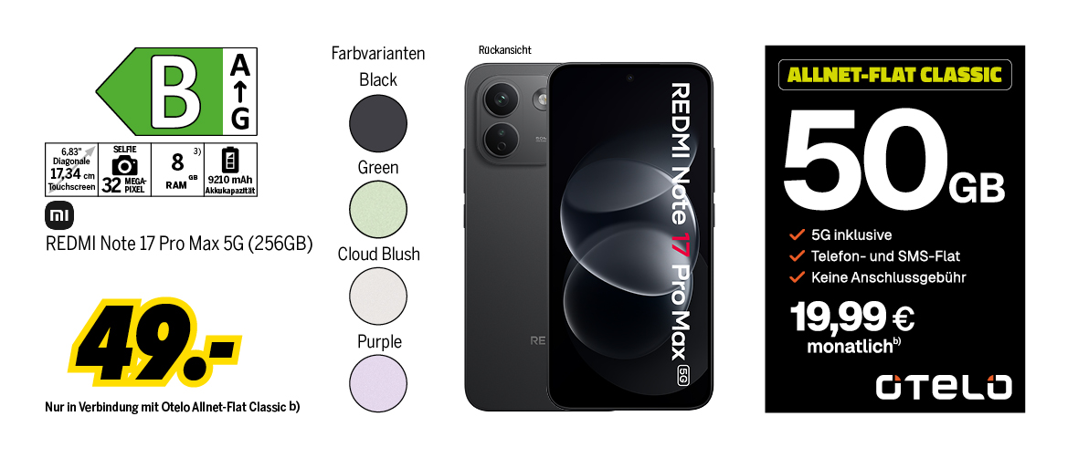 REDMI Note 17 Pro Max 5G mit 256GB für einmalig 49€