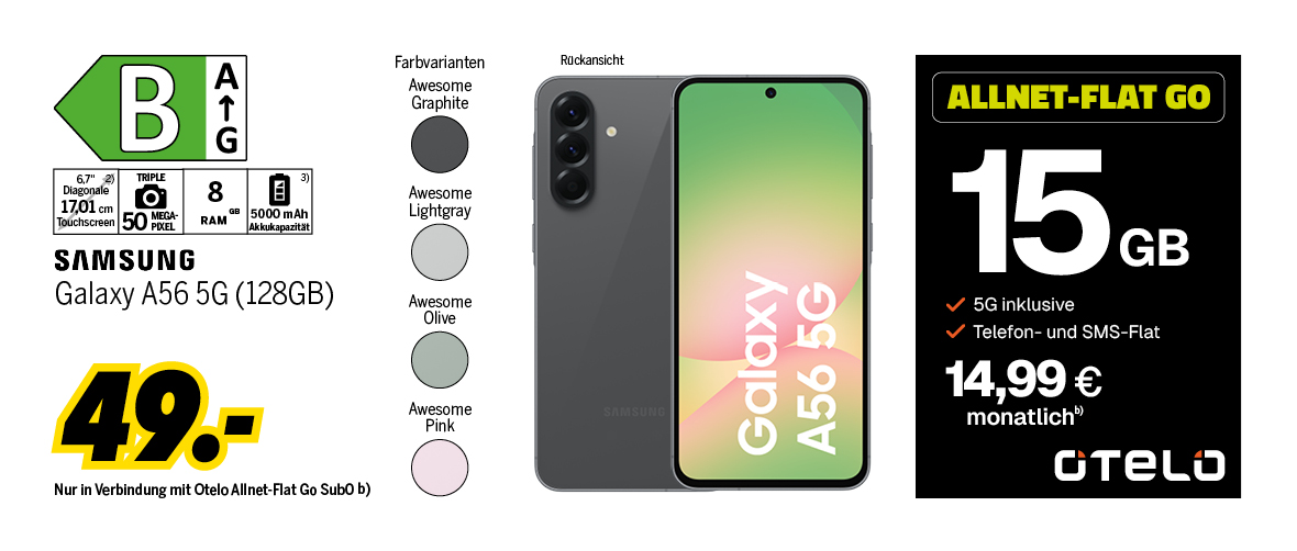 Galaxy A56 5G mit 128GB für einmalig 49€